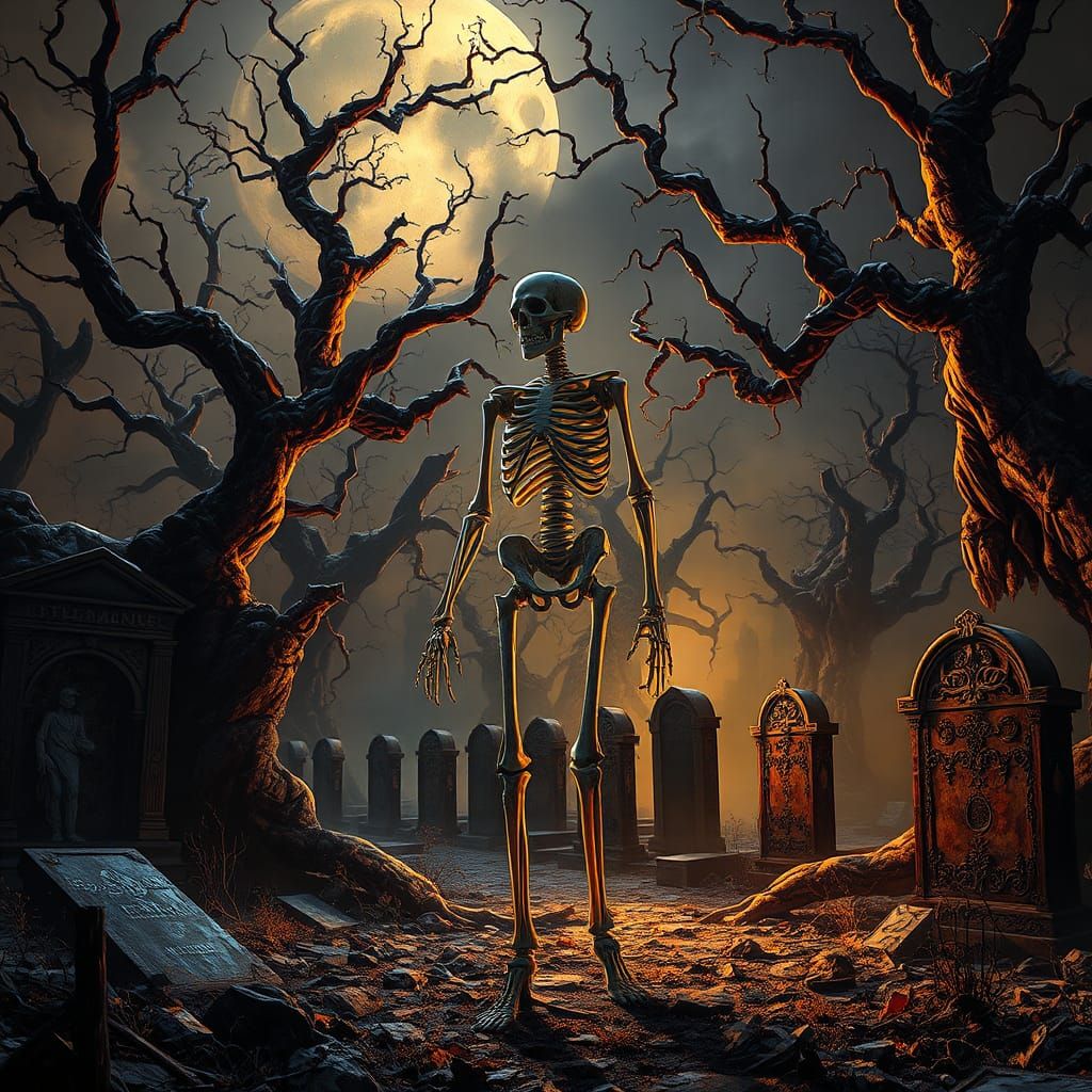 Spectral Skeleton in Forsaken Cemetery: A Dark Fantasy Scene