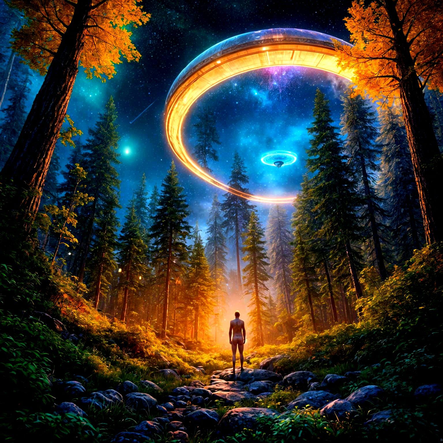 Wild Elf Encountering UFO: 3D Game Cinematic Scene