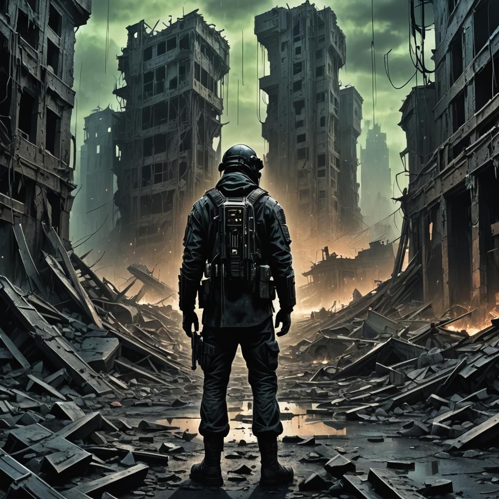 Dystopian Survivor in Sci-Fi City Ruins