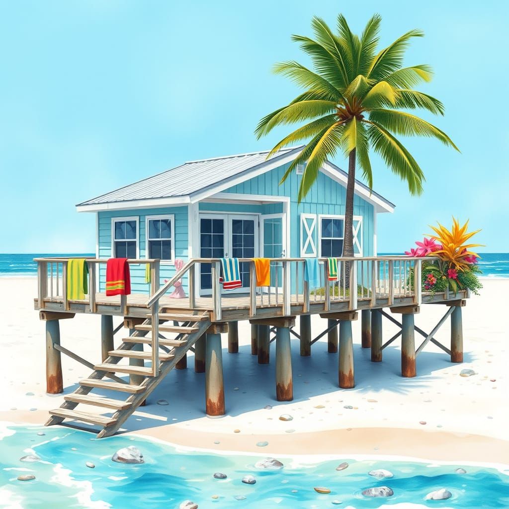 Beach House on Stilts in Hyperrealistic Style