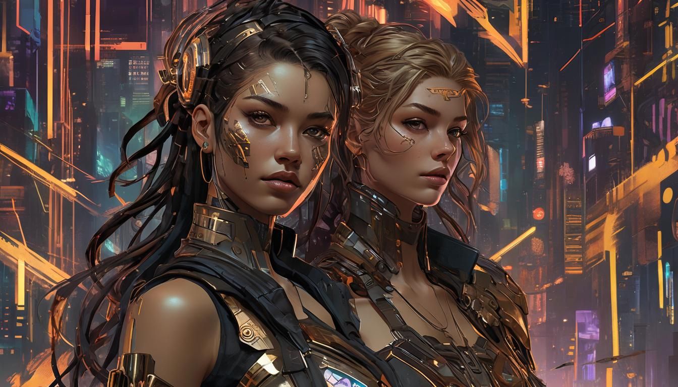 Cyberpunk Warrior in Neon Metropolis Concept Art