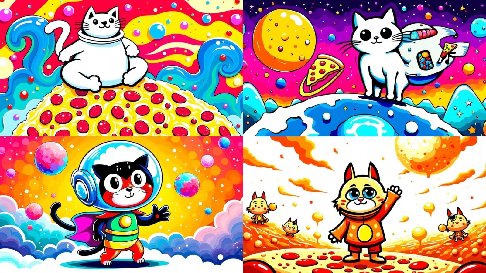 Whimsical Line Drawing of a Pizza Space Cat in a Cartoon Wor...