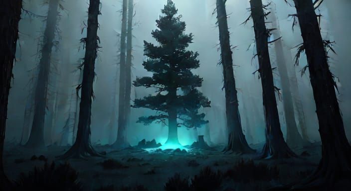 Lone Figure on Alien Planet with Bioluminescent Trees