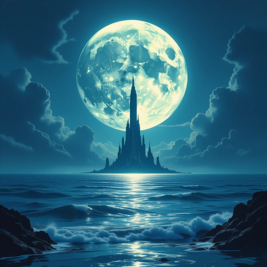 Ethereal Moon Ocean City Reflecting Luminescent Waters