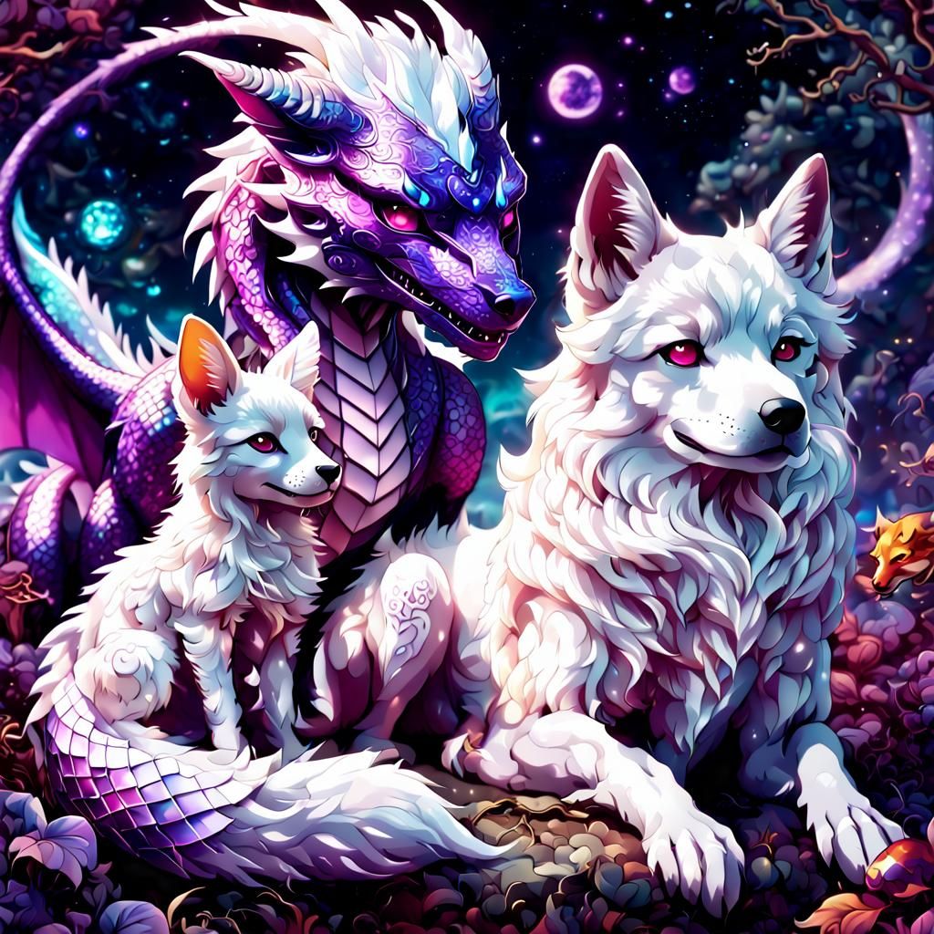 Astral Anime: Dragon, Dog, and Fox Illustration