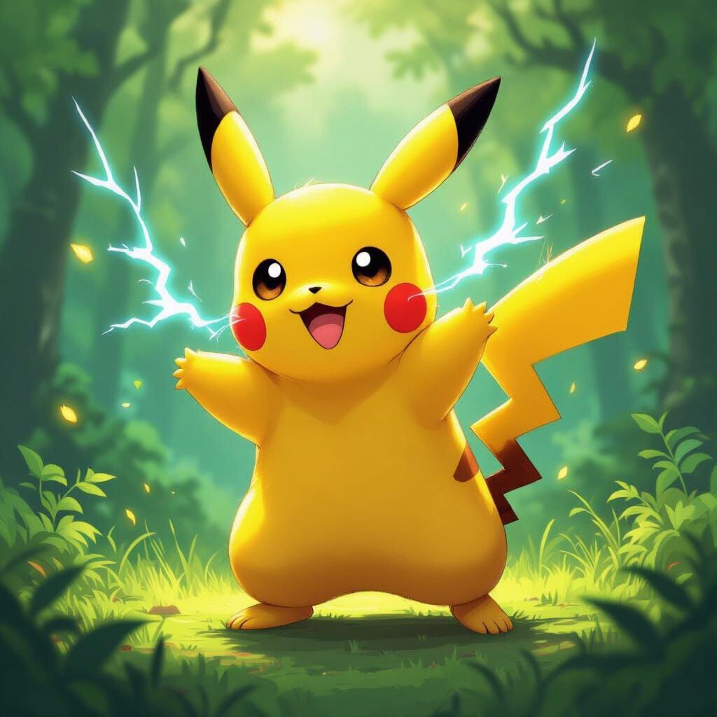 Playful Pikachu in Heroic Pose with Electric Glow