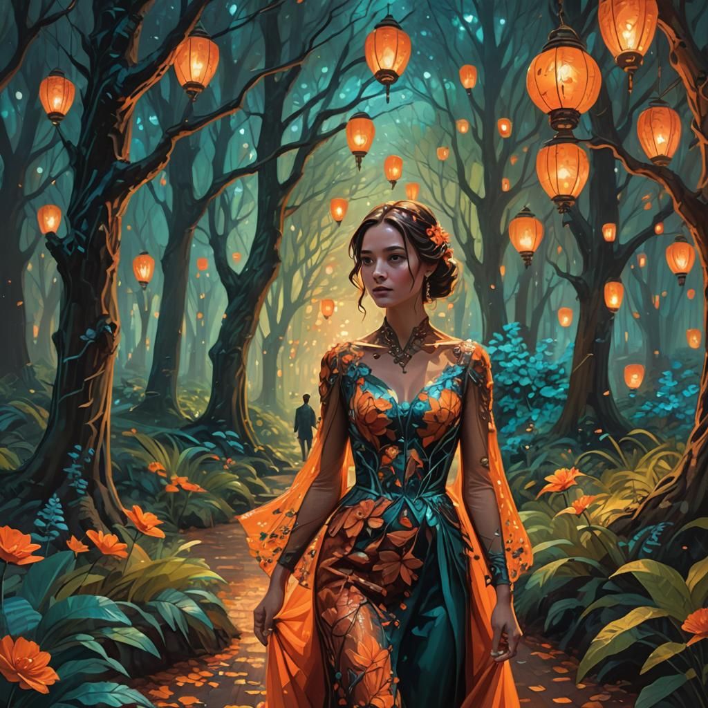 Romantic Forest Stroll in Art Nouveau Style