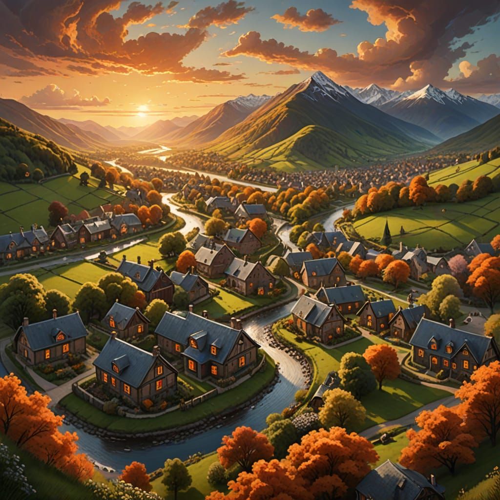 Bird's-Eye View of Victorian Village at Sunset