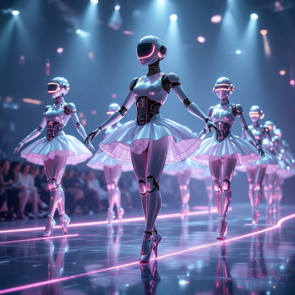 Ballerina Robots on Holographic Stage Leaving Neon Light Tra...