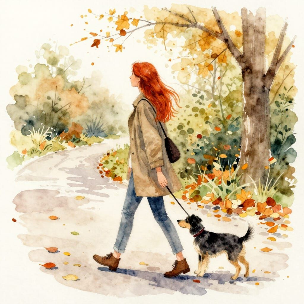 Autumn Walk: Woman and Dog on Leafy Path