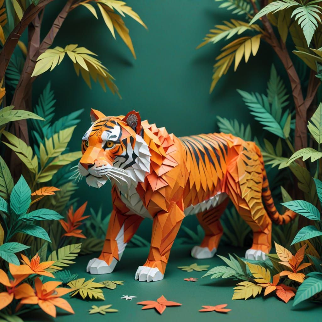 Elaborate 3D Origami Paper Tiger Sculpture