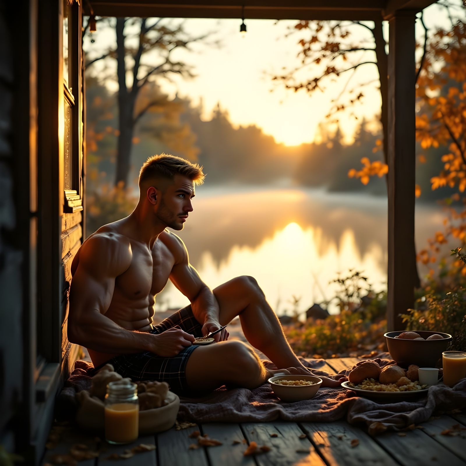 Rugged Gentleman's Dawn Breakfast on Weathered Porch