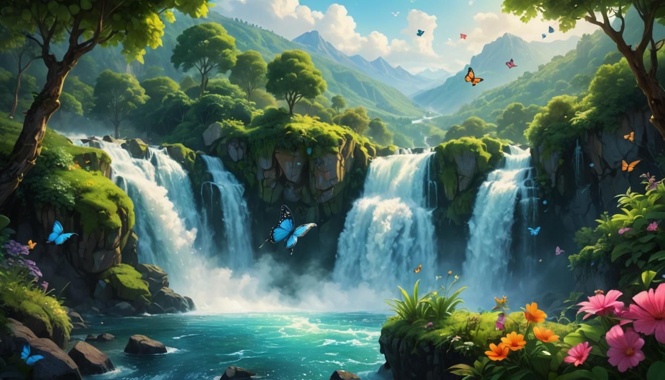 Fairytale Paradise: Waterfall with Butterflies in 3D