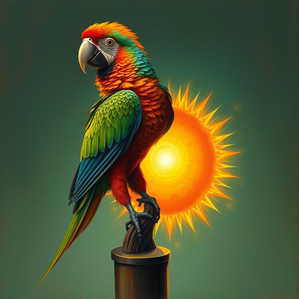 Surrealist Parrot Unveils Golden Sunburst