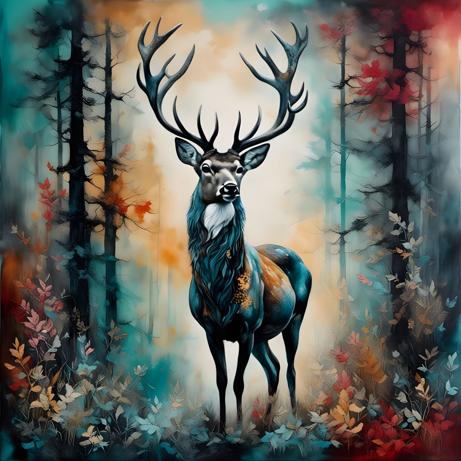 Deer King Reigns Over an Enchanted, Mixed Media Forest Lands...