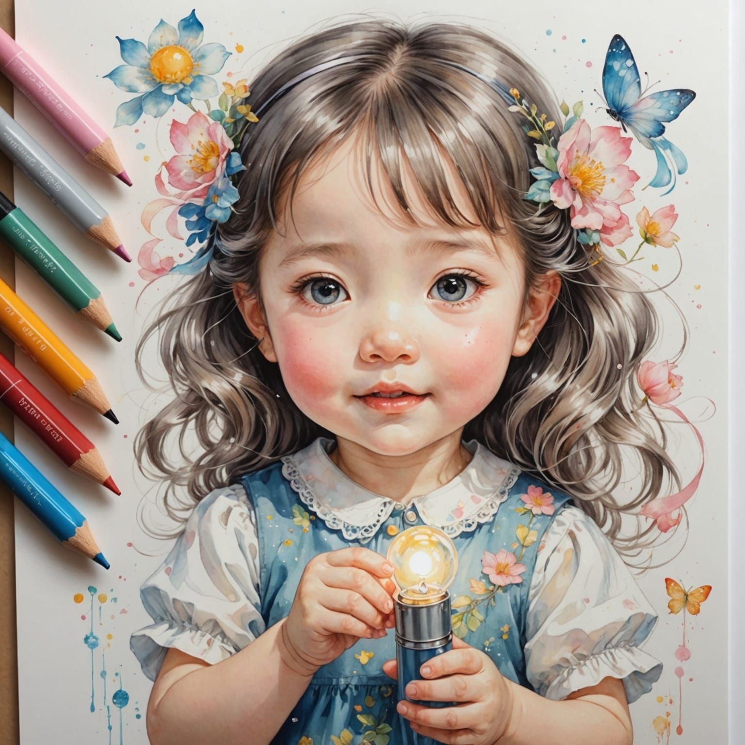 Cute Baby Girl Playing with Lantern in Fantasy Drawing