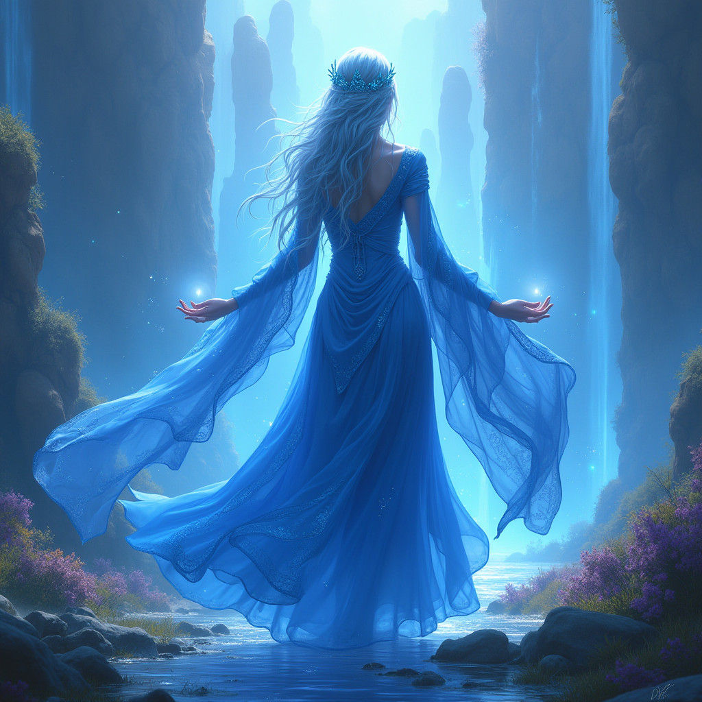 Goddess of Blue in Fantasy Landscape, Concept Art