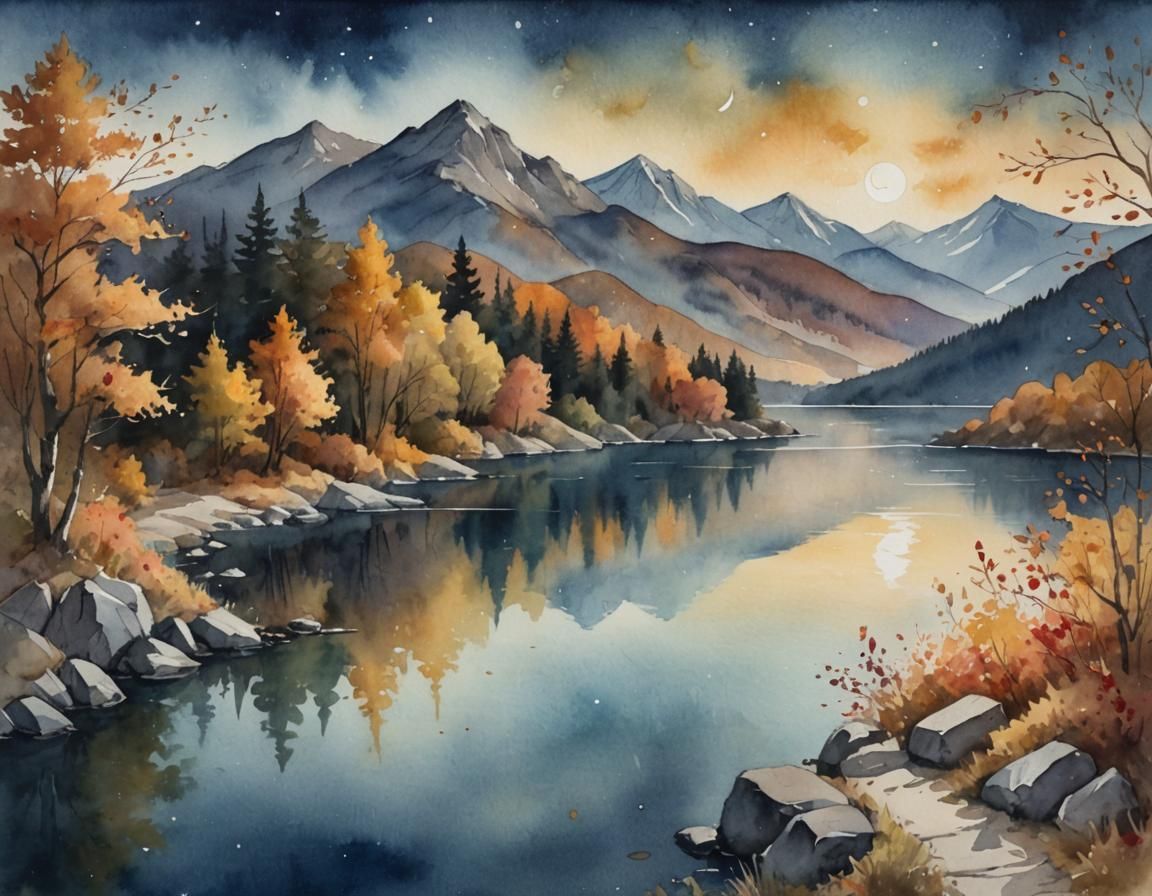 Autumn Mountain Path to Moonlit Lake Watercolor