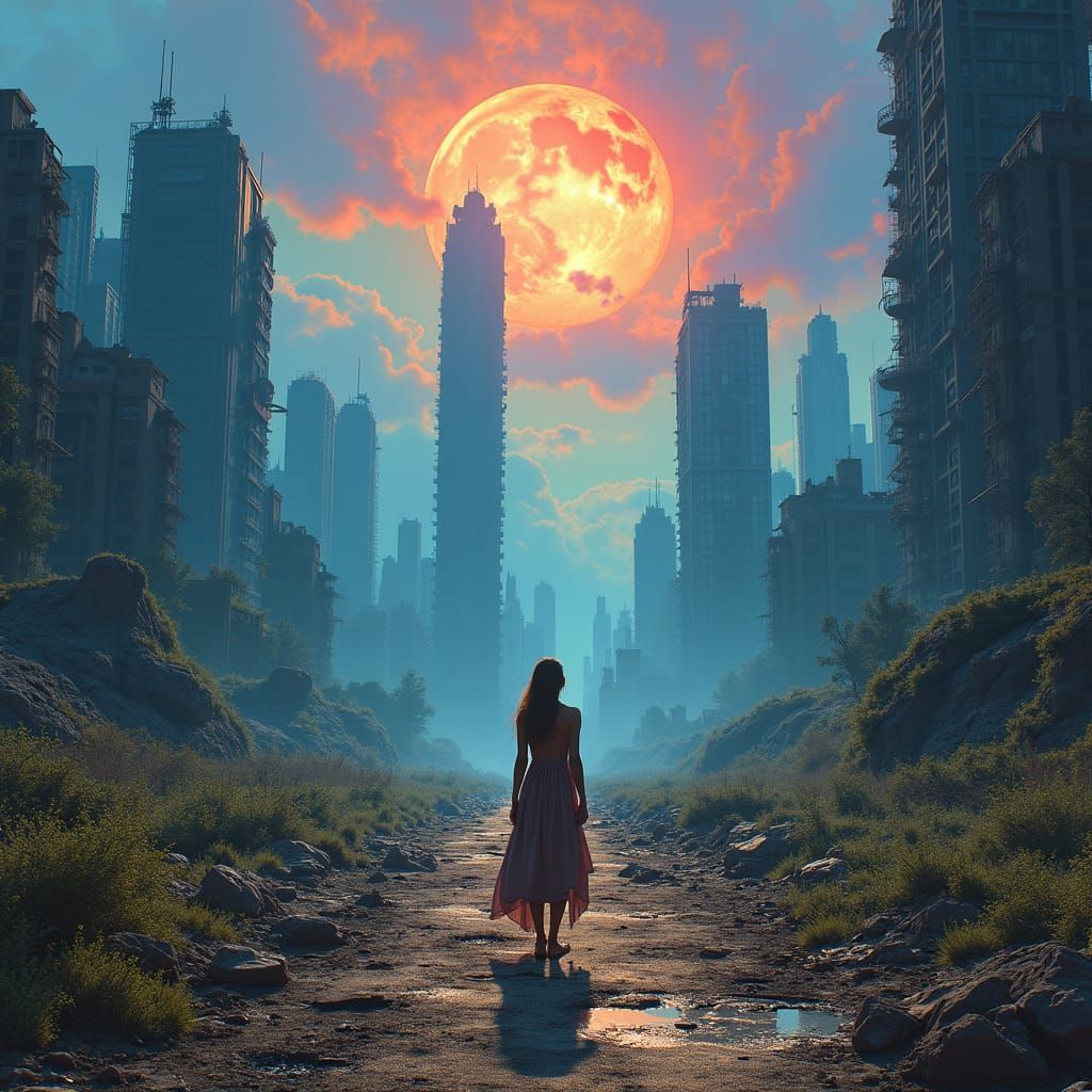 Earth's Sorrow: Ruined Cityscape in Ethereal Light