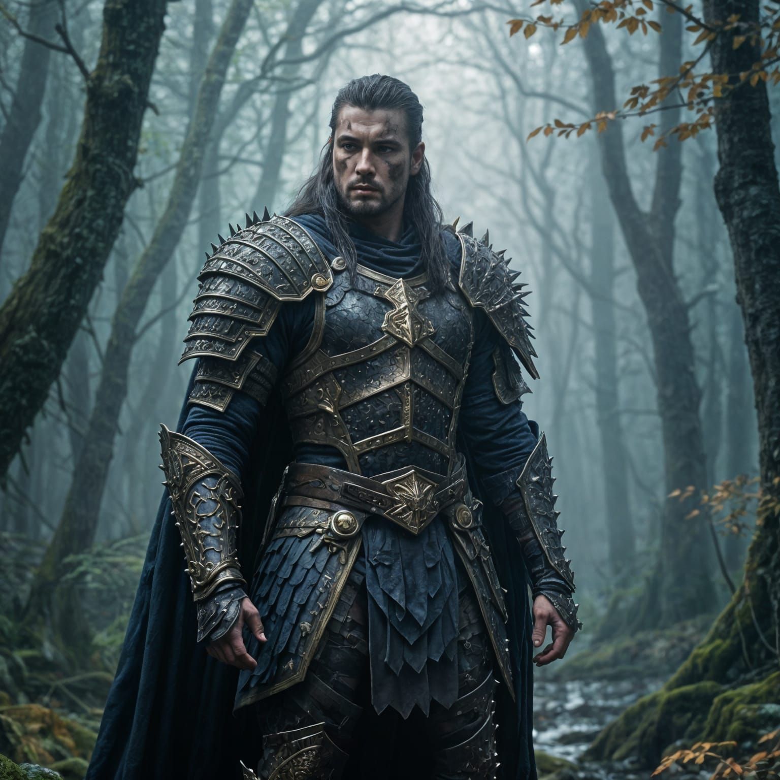 Mystical Warrior in Misty Forest: Dark Fantasy Art