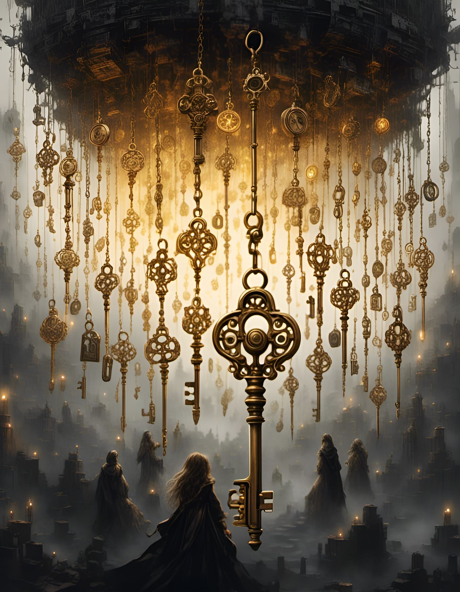 Ink Drawing: Girl Reaching for Golden Key