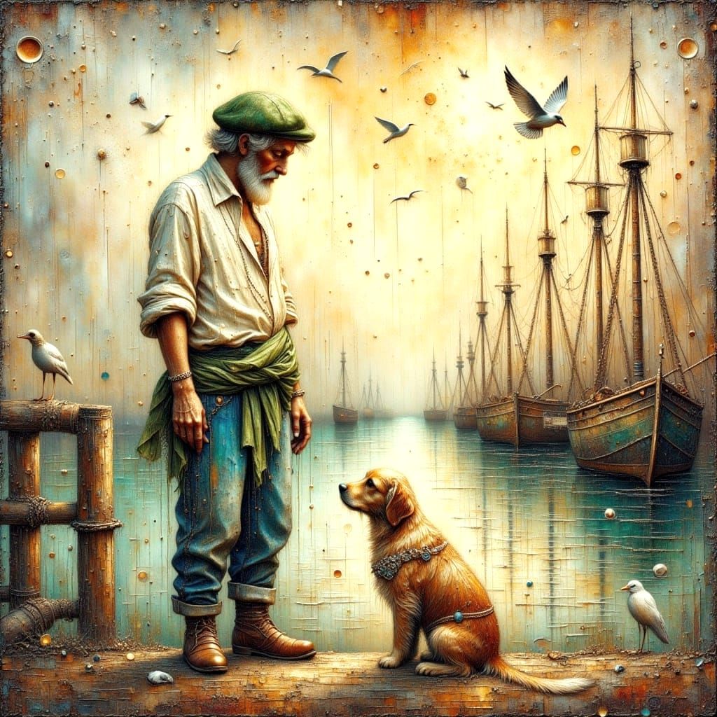 Fisherman and Dog on Dock in Watercolor Style