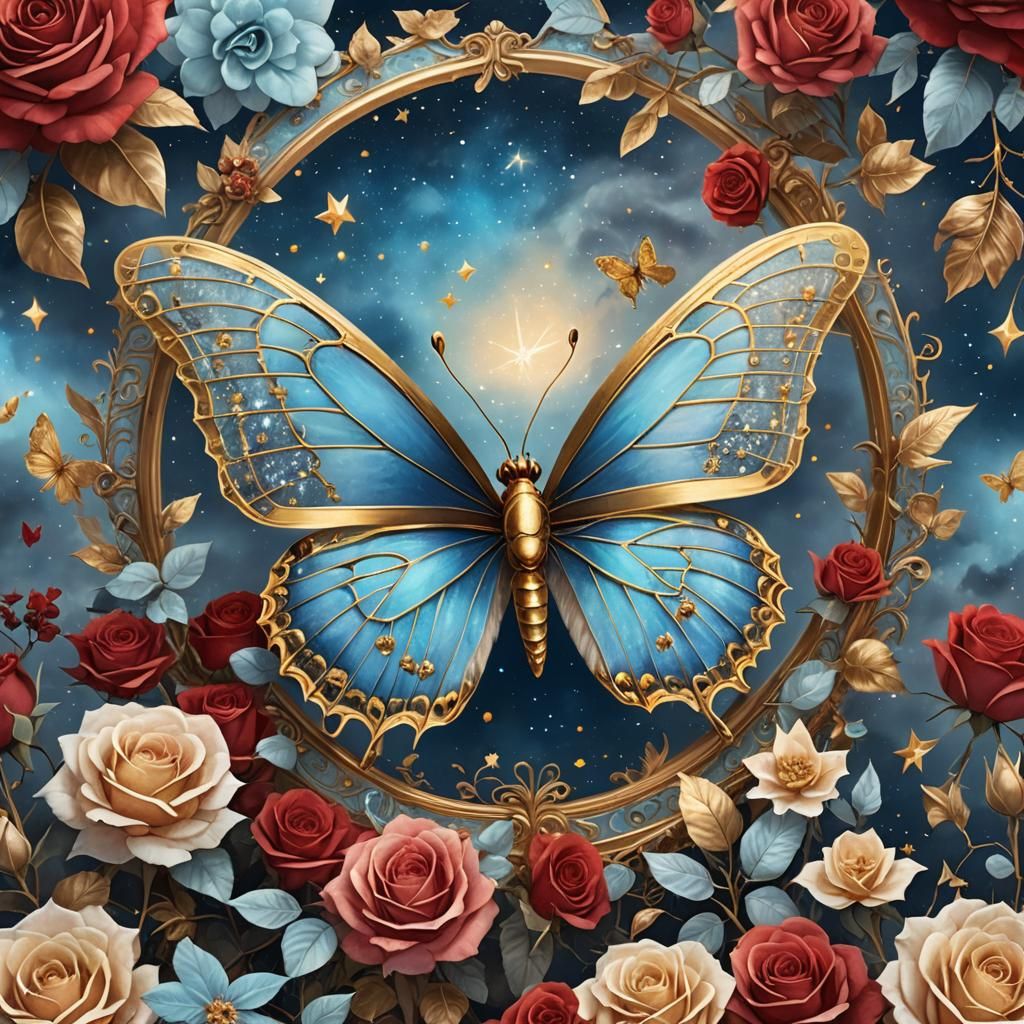 Sky Blue Butterfly with Golden Wings in Dreamy 3D