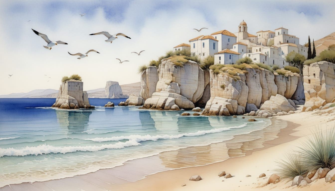 Surreal Greek Island Beach Scene with Seagulls and Chalk Hil...
