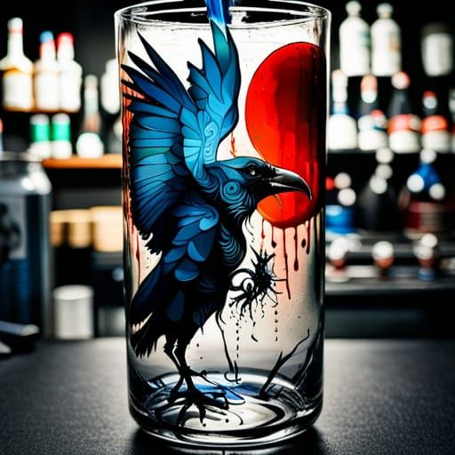 Raven and Skull in Glass Bottle, Impasto Style