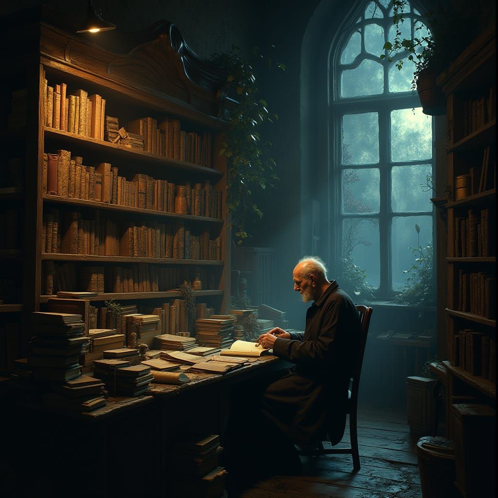 Enchanted Nighttime Bookstore with Ancient Tomes and Mystica...