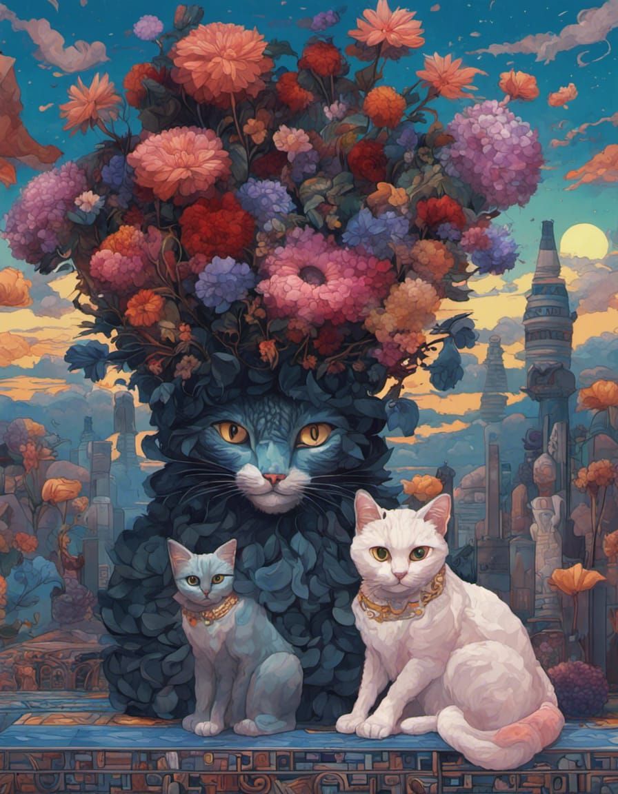 Egyptian god cat Batet and basket of flowers. by Greg Rutkow...