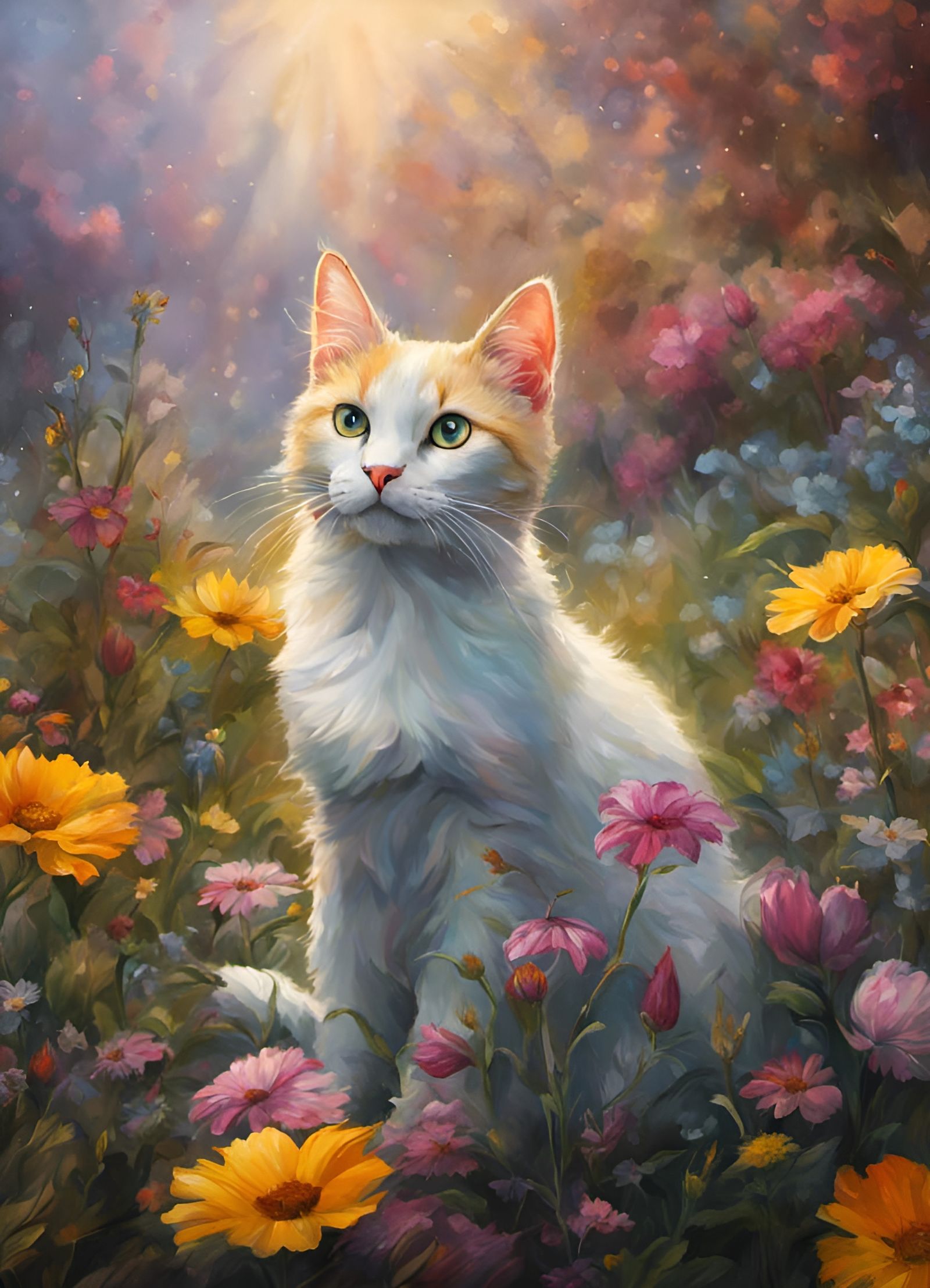 Cat Sunning in Wildflowers: Surreal Portrait