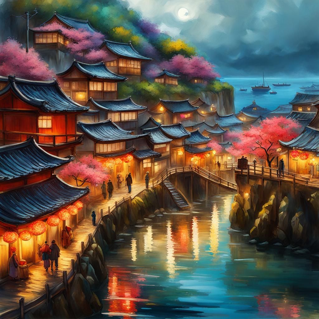 Japanese Seaside Town in Expressionist Style