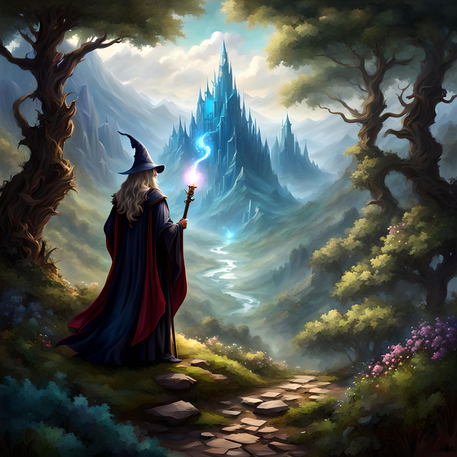 Fantasy wizard, Background Mountains, fantasy  forest, By al...