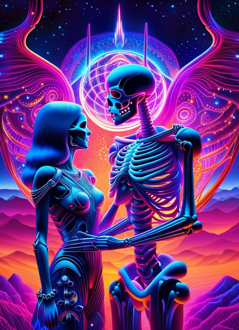 Skeletal Couple Embracing in Electric Dreamland