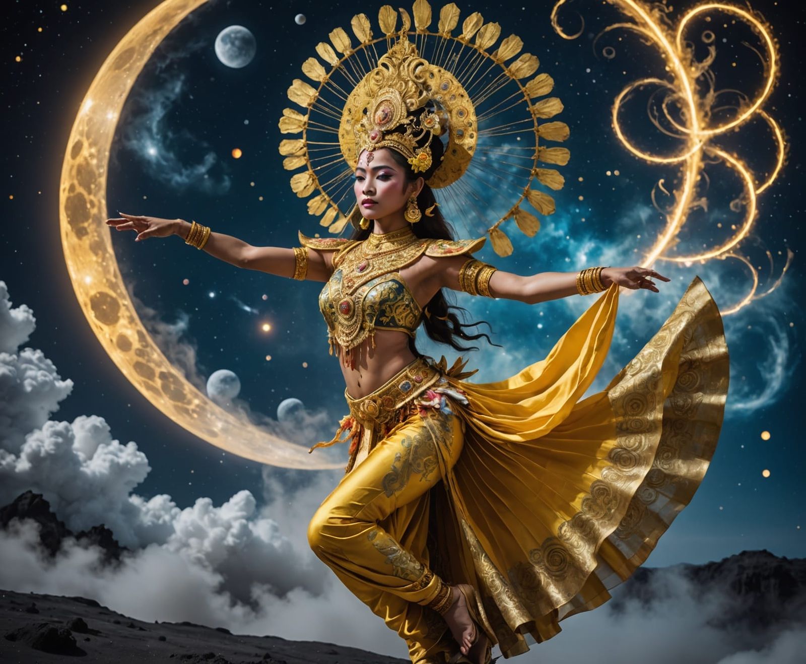 Balinese Cosmic Dancer in Ethereal Lunar Scene