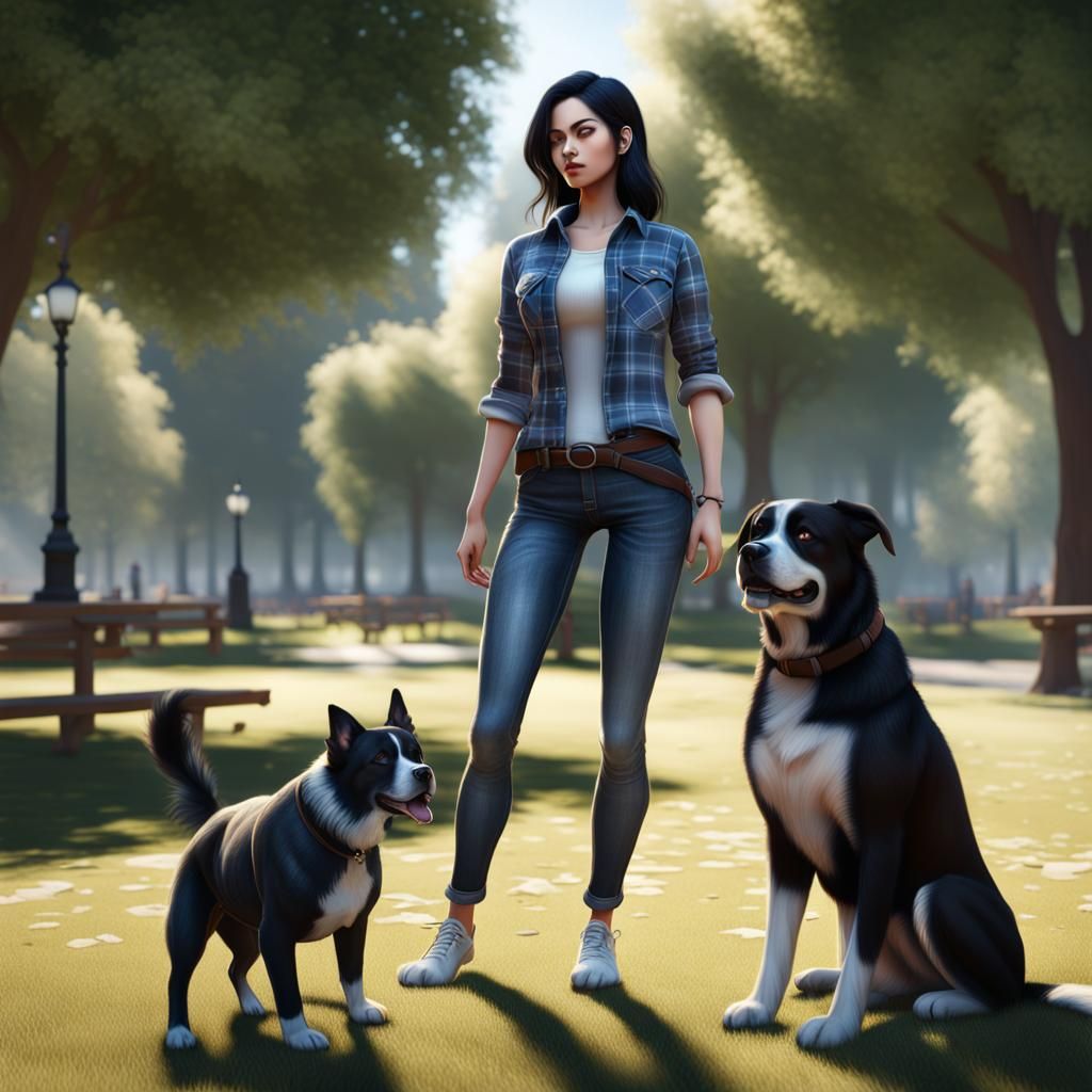Girl Playing with Dog in Park: 3D Render