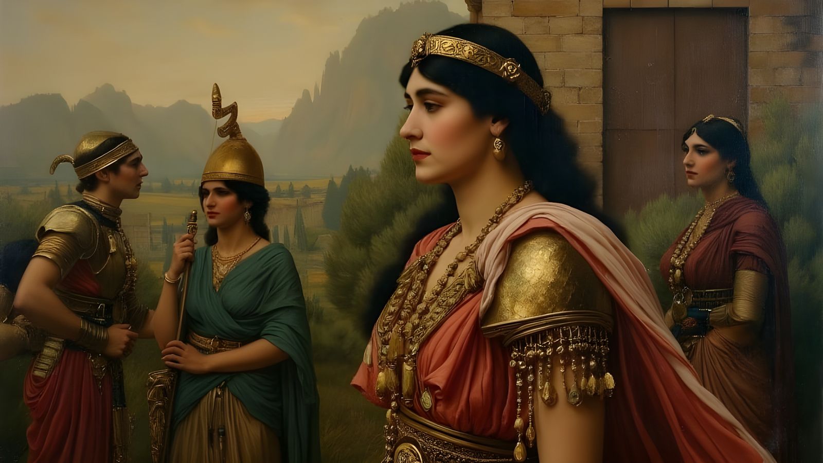 Ancient Greek Warrior Woman in Elegant Medieval Robes