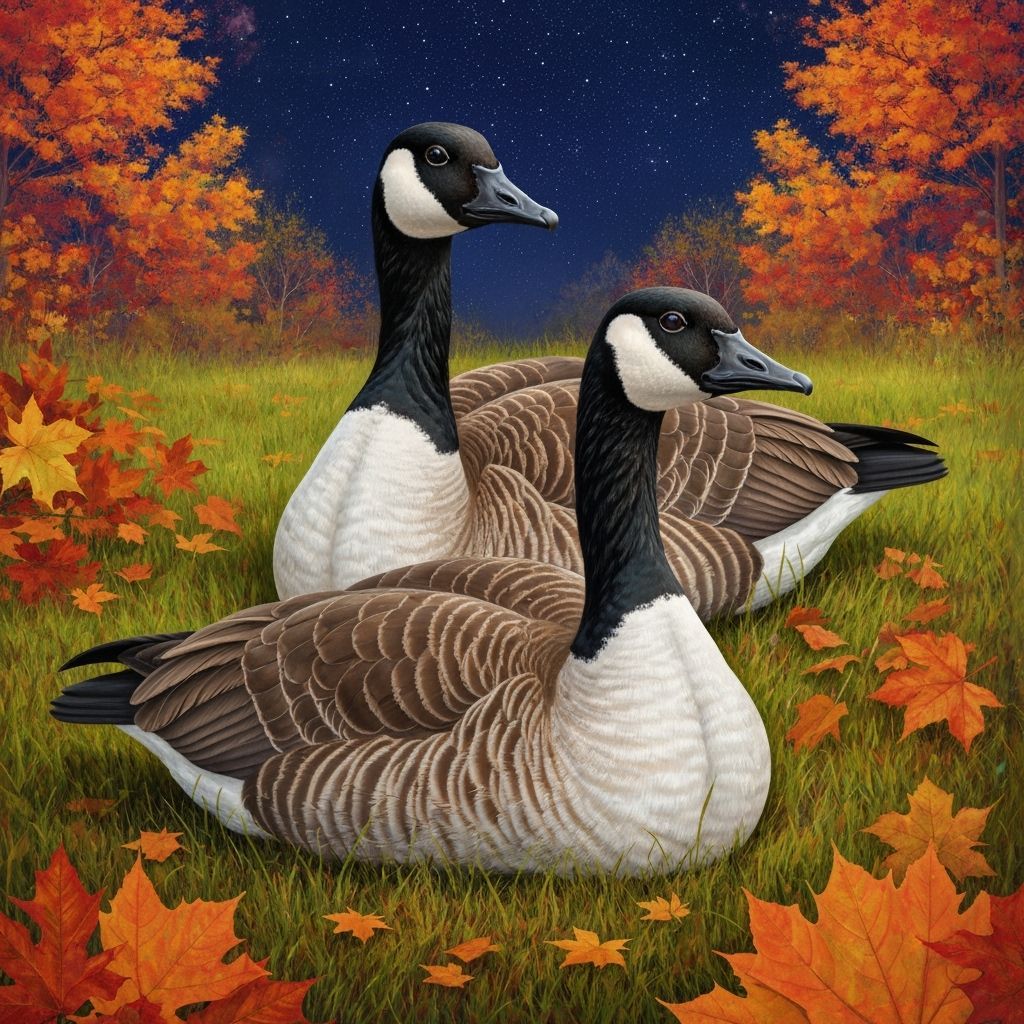 Canada Geese Resting Under Starry Impressionistic Sky