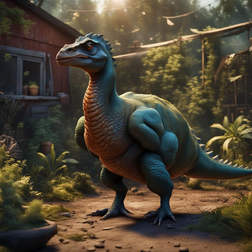 Miniature Dinosaur Chicken in Backyard: Matte Painting