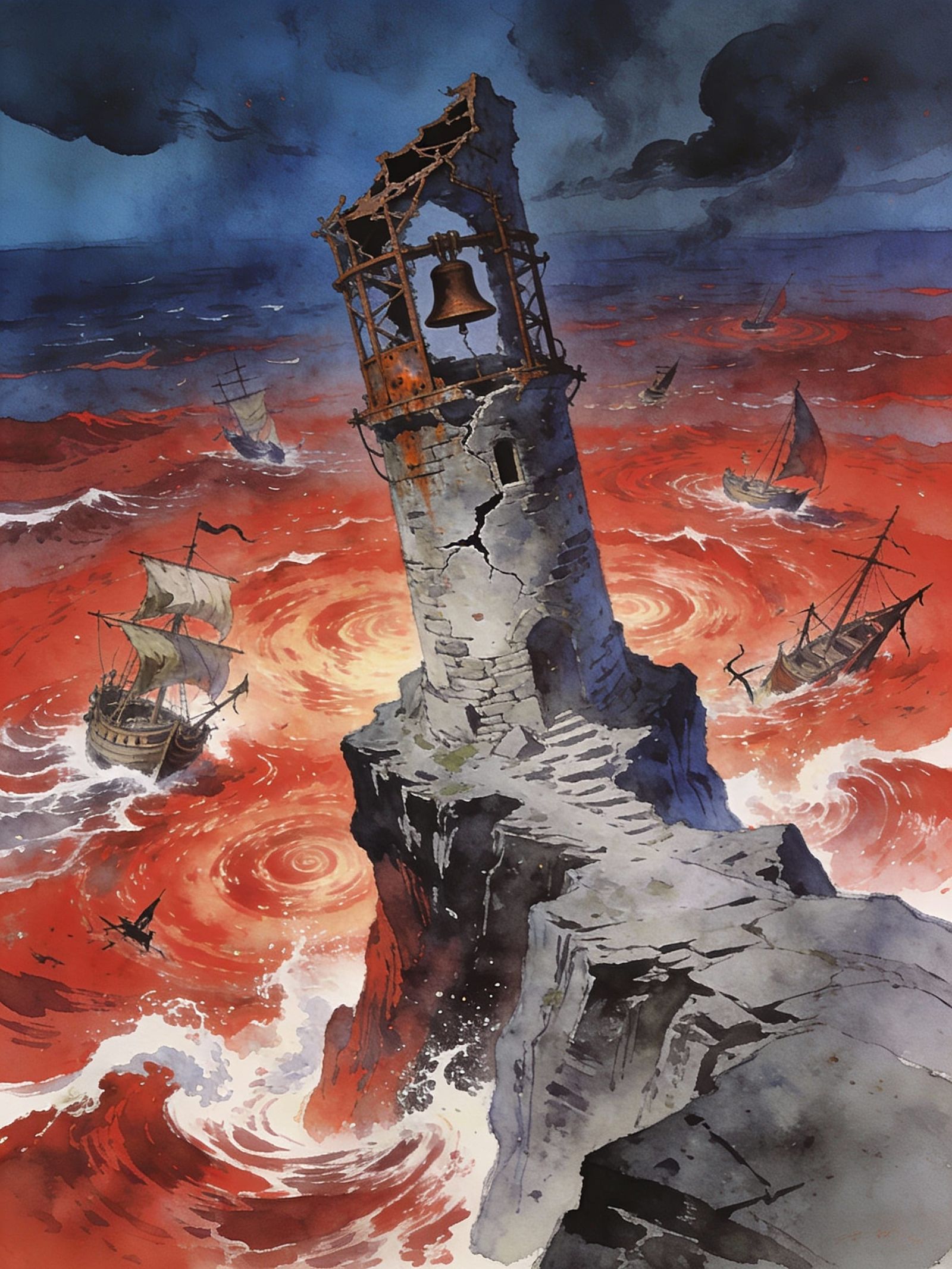 Crumbling Bell Tower Over Crimson Tempest Sea
