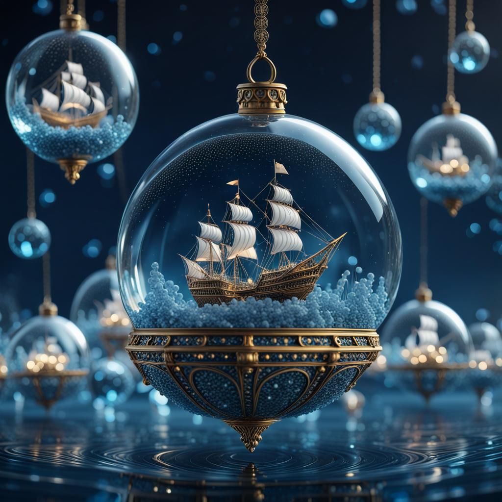 Renaissance Caravel in Crystalline Orbs at Night