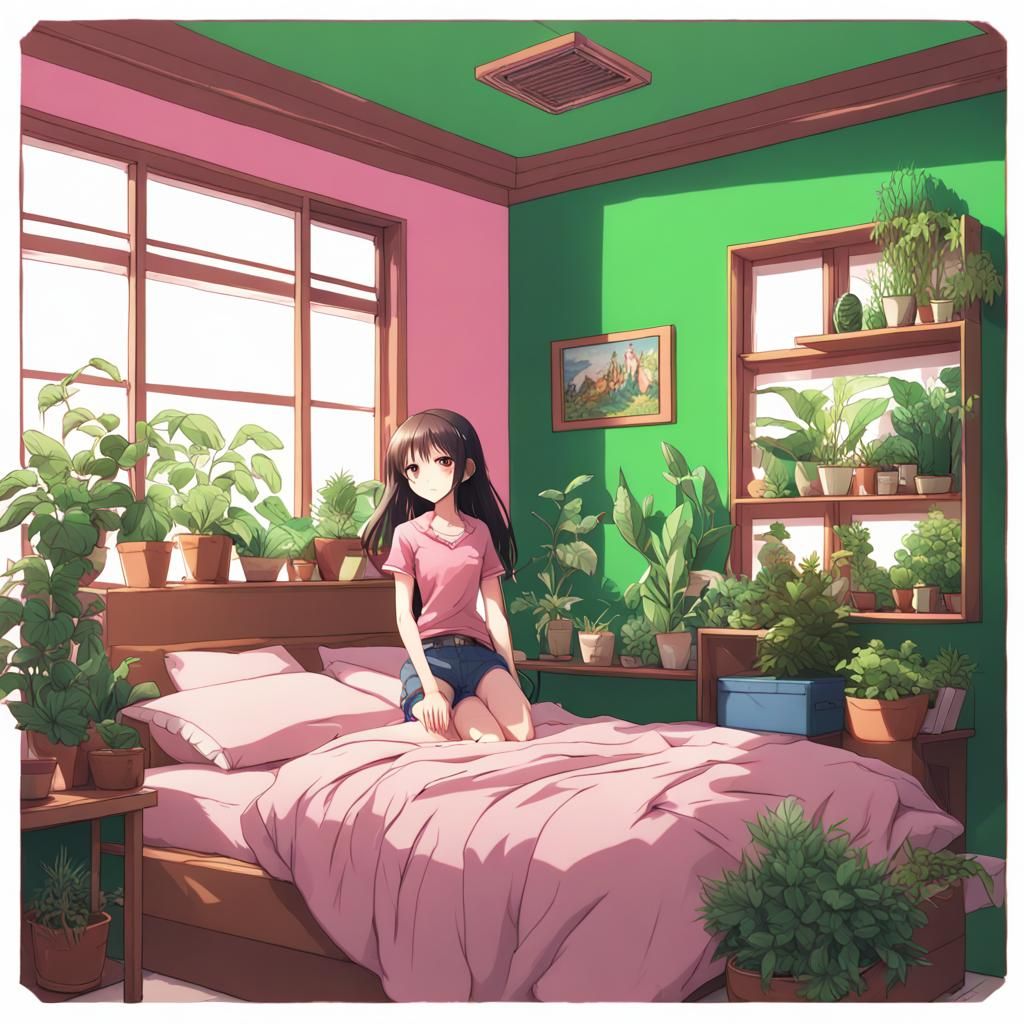 Mexican Girl in Green Bedroom: Anime-Inspired Art