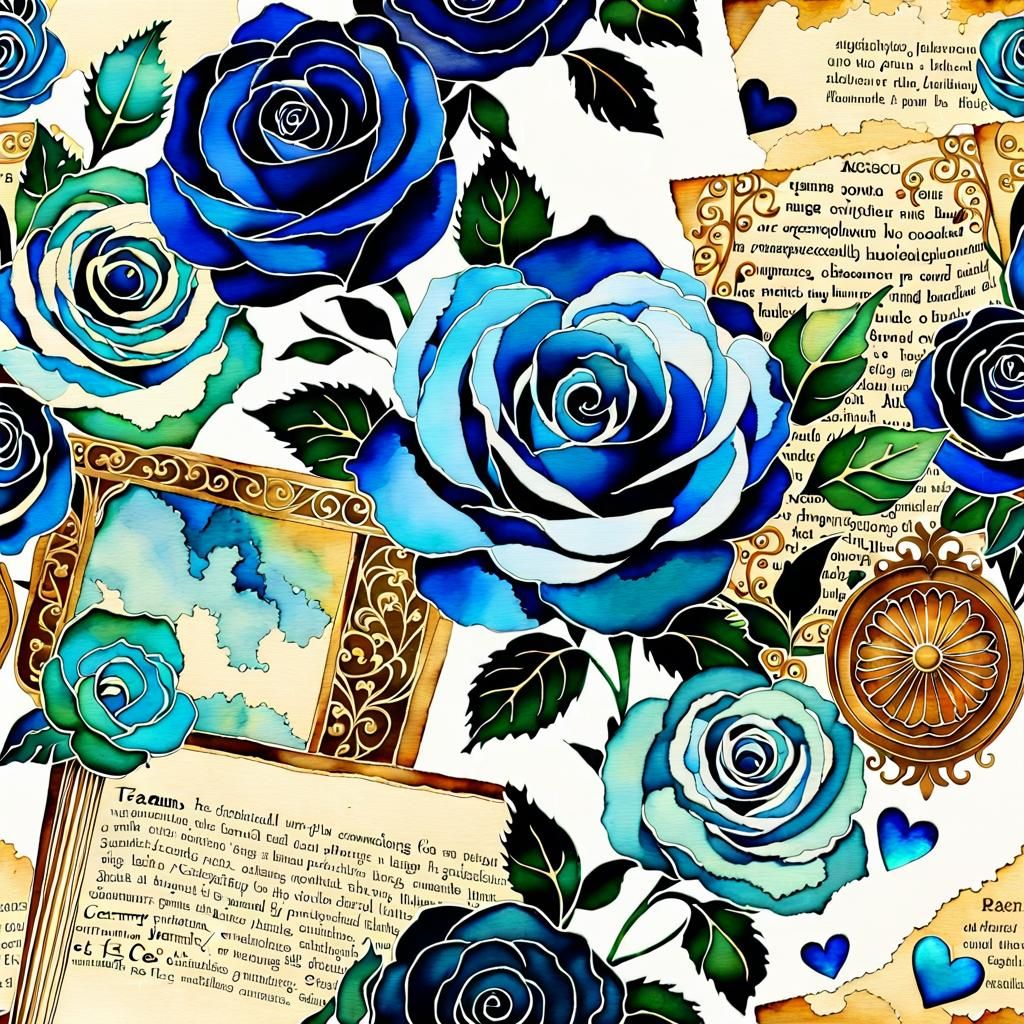 Blue Platinum Mosaic Roses in Watercolor Style