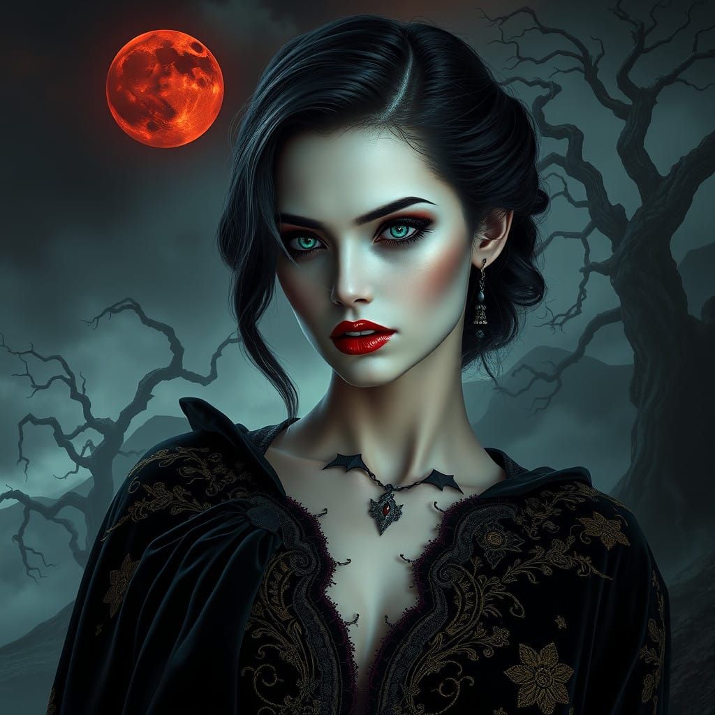 Gothic Vampire Goddess in Dark Fantasy Landscape