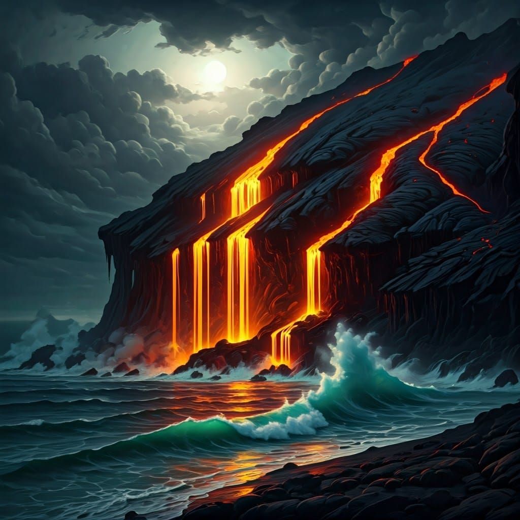 Volcanic Eruption at Night in Tenebrism Style