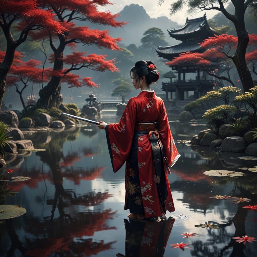 Geisha with Samurai Sword Gazing into Pond