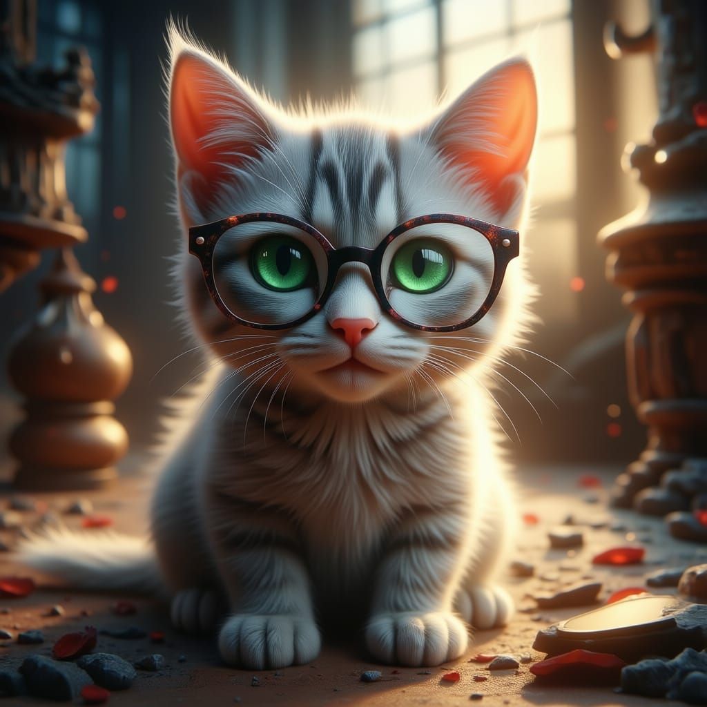 Adorable Cat with Green Eyes and Fashionable Glasses