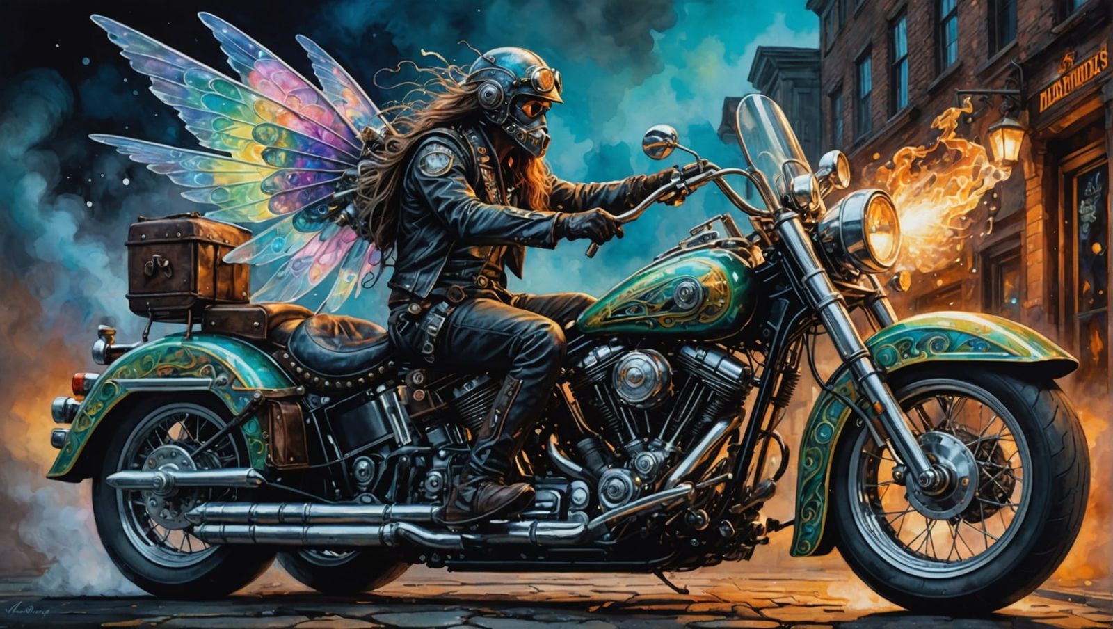 Fairy on Steampunk Motorcycle in Watercolor Style