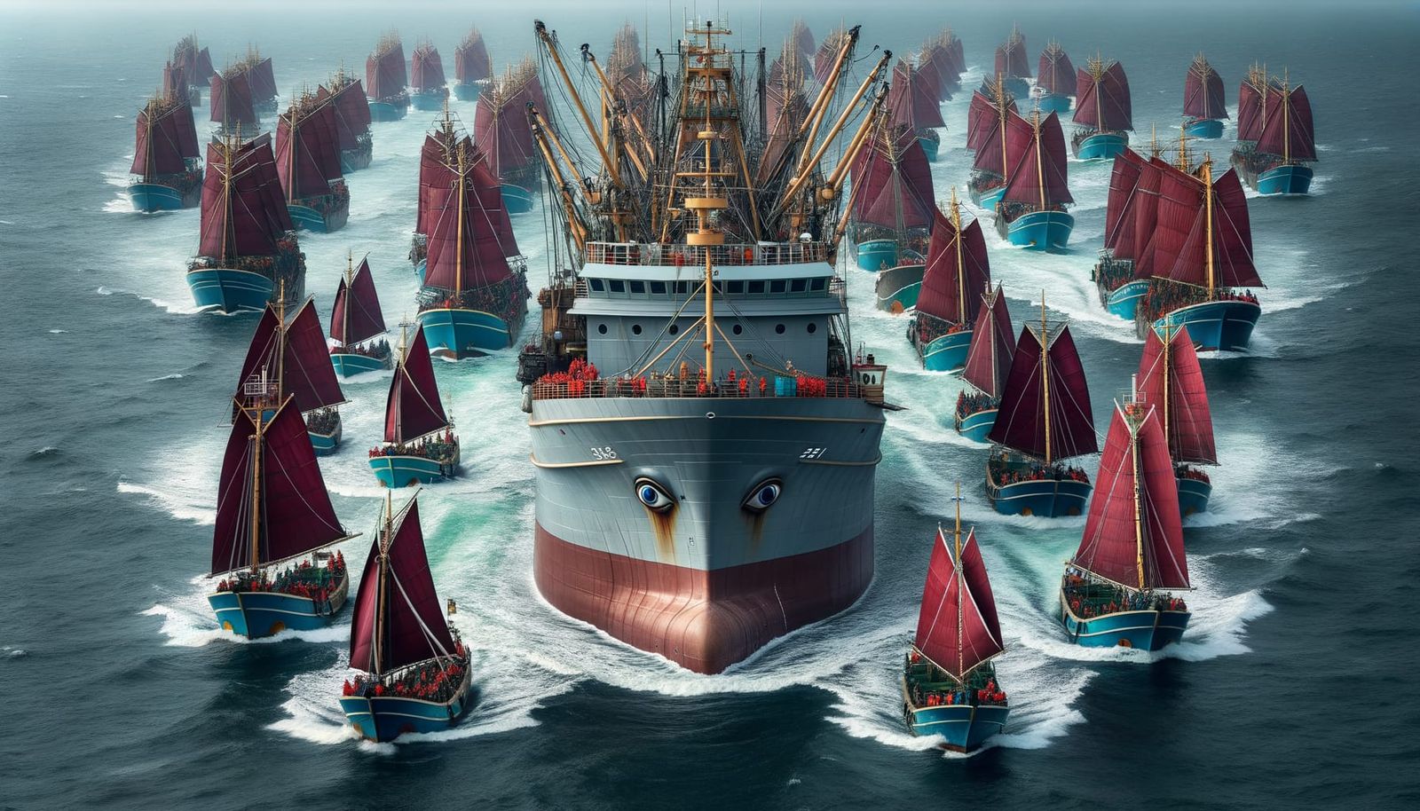 Giant Fishing Factory Ship with Crimson Sails